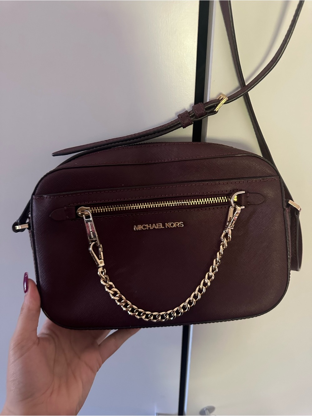 Michael Kors Burgundy Adjustable Strap Purse with Gold Chain Detail